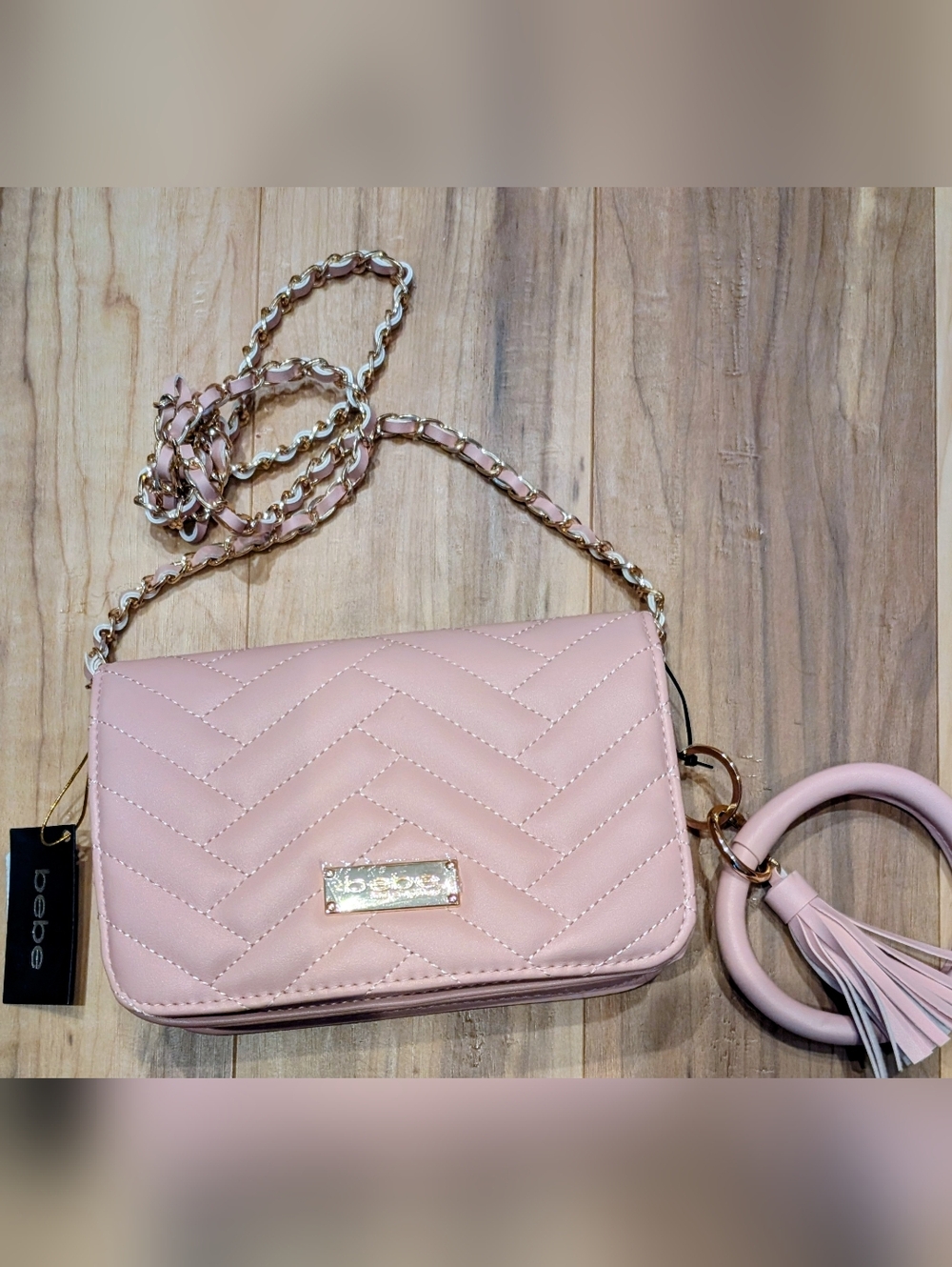 Quilted bebe Pink Chain Crossbody Bag with Gold Hardware